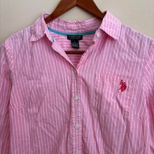 Vintage Y2K Preppy Twee Style Polo Assn Small Pony Pink Striped Oxford Shirt Sml